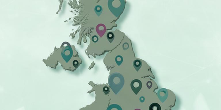 Stylised map of the United Kingdom showing technology project locations across England, Scotland and Wales
